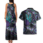 Australia Indigenous Couples Matching Tank Maxi Dress and Hawaiian Shirt Teal & Purple Ribbon Butterfly Aboriginal Arts