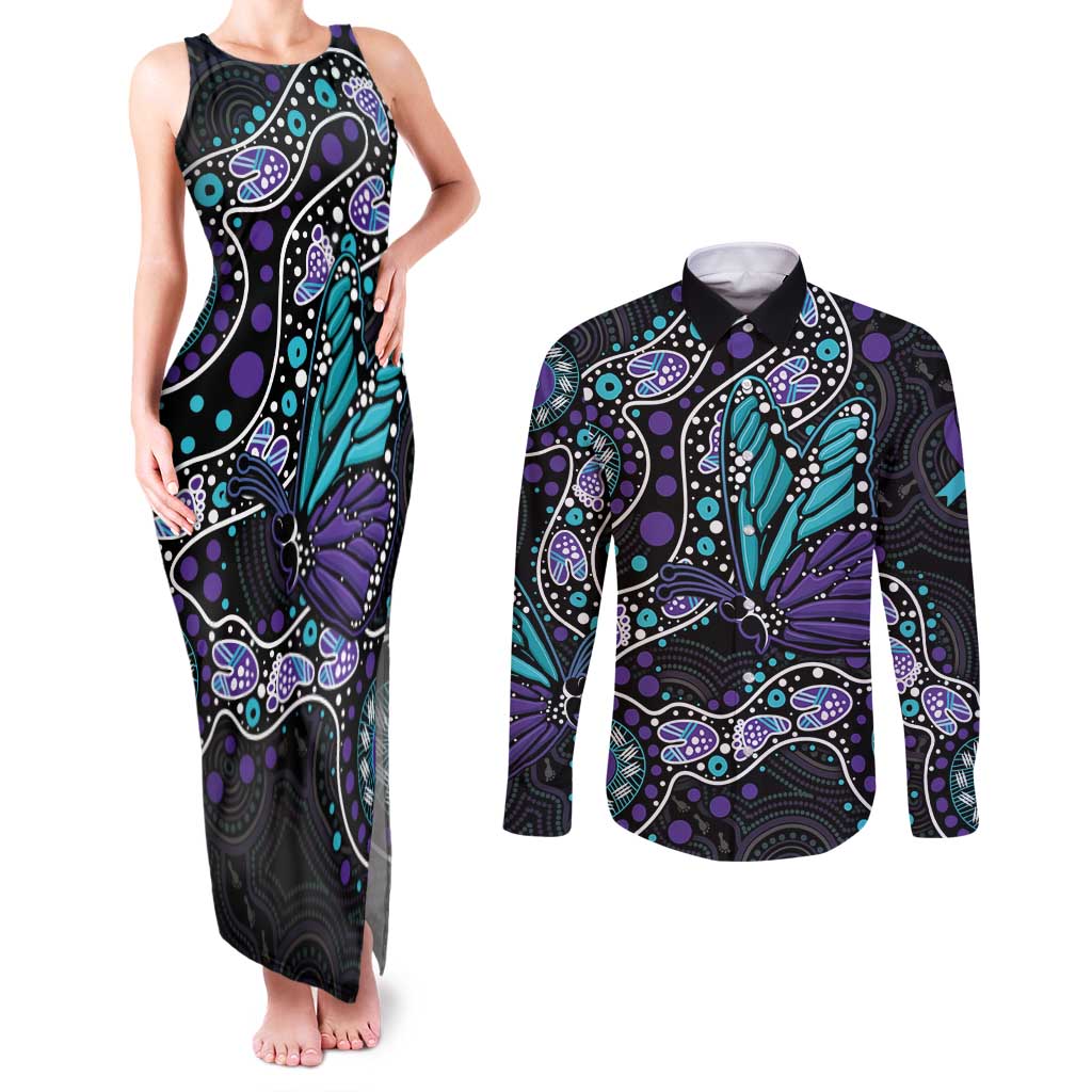 Australia Indigenous Couples Matching Tank Maxi Dress and Long Sleeve Button Shirt Teal & Purple Ribbon Butterfly Aboriginal Arts