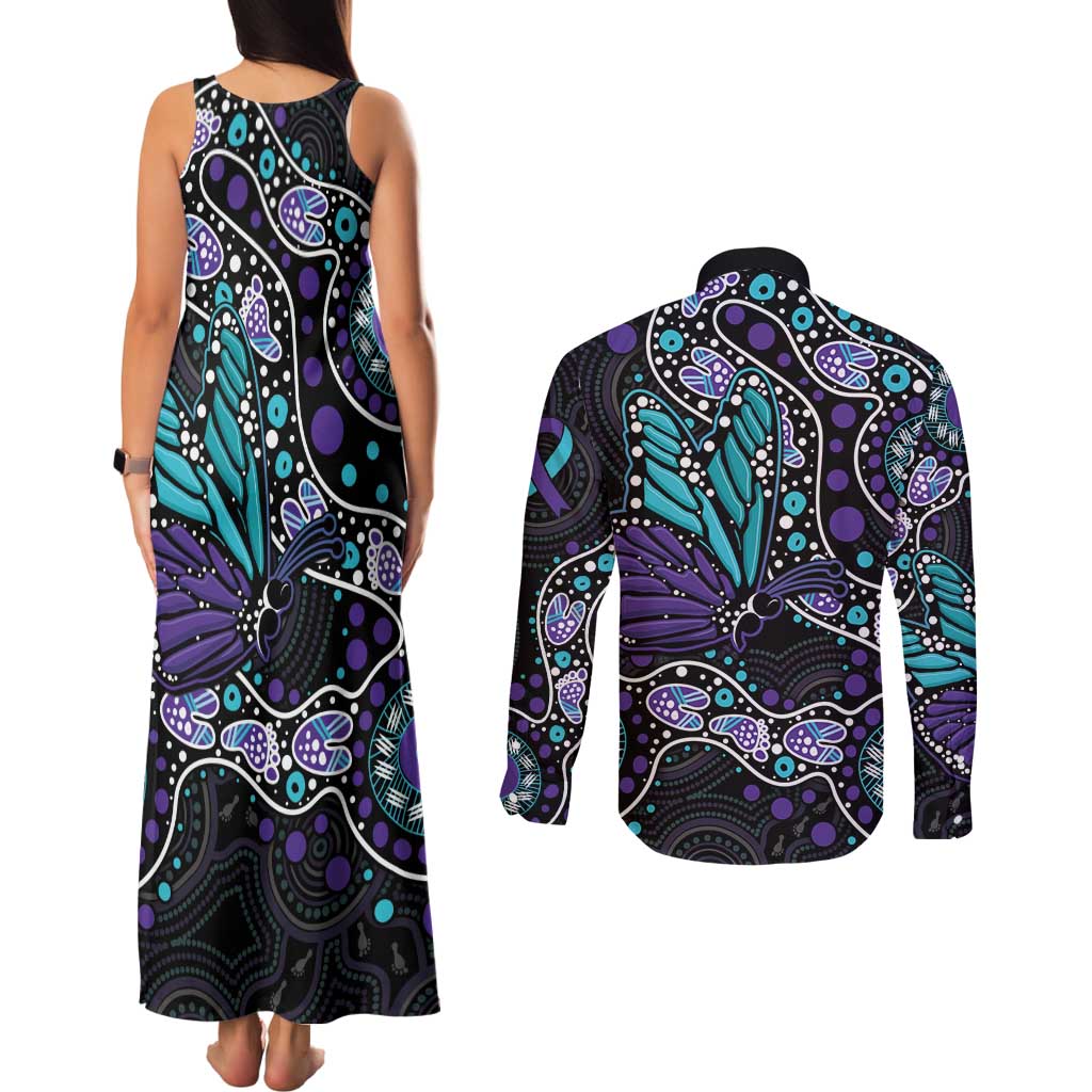 Australia Indigenous Couples Matching Tank Maxi Dress and Long Sleeve Button Shirt Teal & Purple Ribbon Butterfly Aboriginal Arts