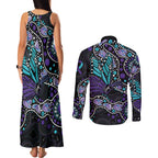 Australia Indigenous Couples Matching Tank Maxi Dress and Long Sleeve Button Shirt Teal & Purple Ribbon Butterfly Aboriginal Arts