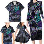 Australia Indigenous Family Matching Long Sleeve Bodycon Dress and Hawaiian Shirt Teal & Purple Ribbon Butterfly Aboriginal Arts