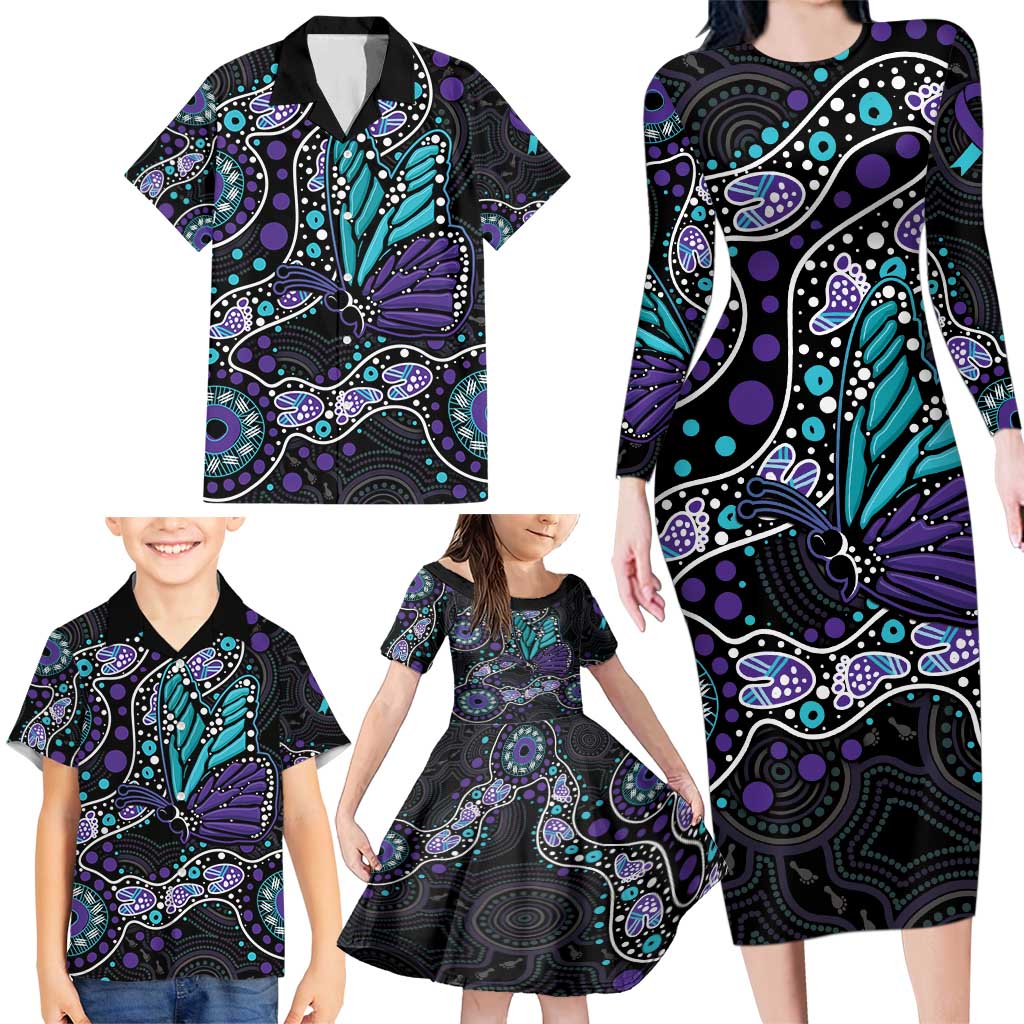 Australia Indigenous Family Matching Long Sleeve Bodycon Dress and Hawaiian Shirt Teal & Purple Ribbon Butterfly Aboriginal Arts