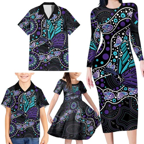 Australia Indigenous Family Matching Long Sleeve Bodycon Dress and Hawaiian Shirt Teal & Purple Ribbon Butterfly Aboriginal Arts