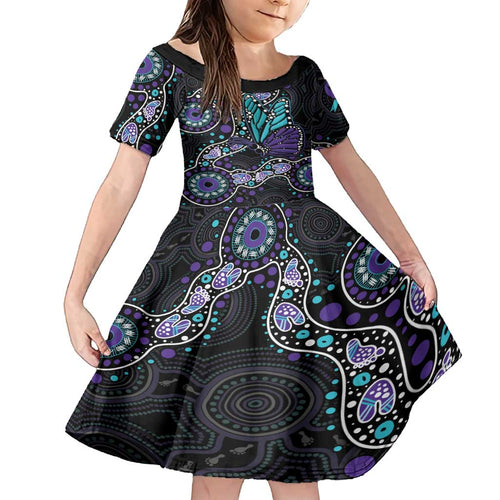 Australia Indigenous Family Matching Long Sleeve Bodycon Dress and Hawaiian Shirt Teal & Purple Ribbon Butterfly Aboriginal Arts