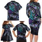 Australia Indigenous Family Matching Long Sleeve Bodycon Dress and Hawaiian Shirt Teal & Purple Ribbon Butterfly Aboriginal Arts