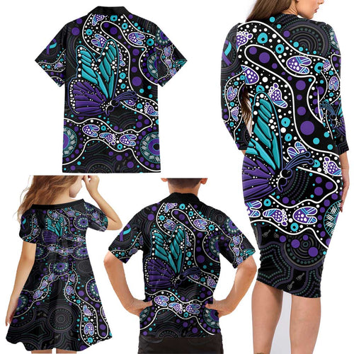 Australia Indigenous Family Matching Long Sleeve Bodycon Dress and Hawaiian Shirt Teal & Purple Ribbon Butterfly Aboriginal Arts