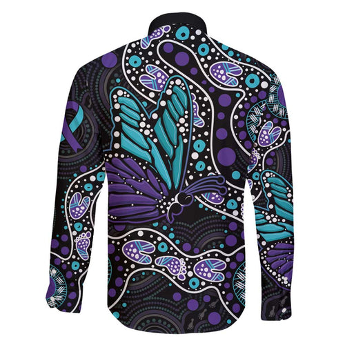 Australia Indigenous Family Matching Long Sleeve Bodycon Dress and Hawaiian Shirt Teal & Purple Ribbon Butterfly Aboriginal Arts