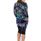 Australia Indigenous Family Matching Long Sleeve Bodycon Dress and Hawaiian Shirt Teal & Purple Ribbon Butterfly Aboriginal Arts