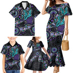 Australia Indigenous Family Matching Mermaid Dress and Hawaiian Shirt Teal & Purple Ribbon Butterfly Aboriginal Arts