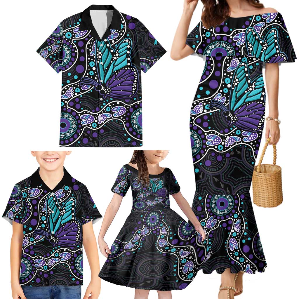 Australia Indigenous Family Matching Mermaid Dress and Hawaiian Shirt Teal & Purple Ribbon Butterfly Aboriginal Arts