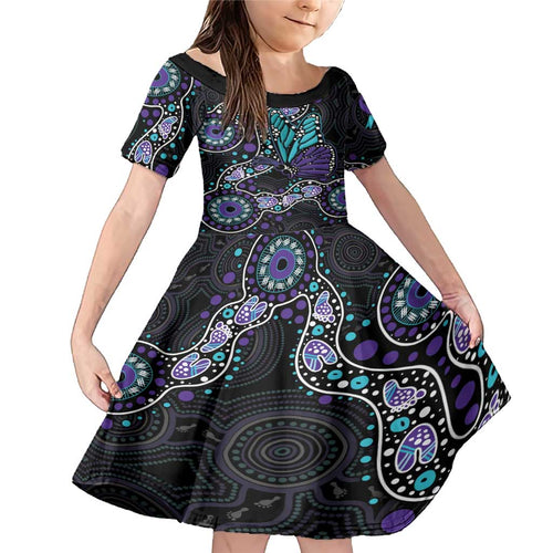 Australia Indigenous Family Matching Mermaid Dress and Hawaiian Shirt Teal & Purple Ribbon Butterfly Aboriginal Arts