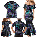 Australia Indigenous Family Matching Mermaid Dress and Hawaiian Shirt Teal & Purple Ribbon Butterfly Aboriginal Arts