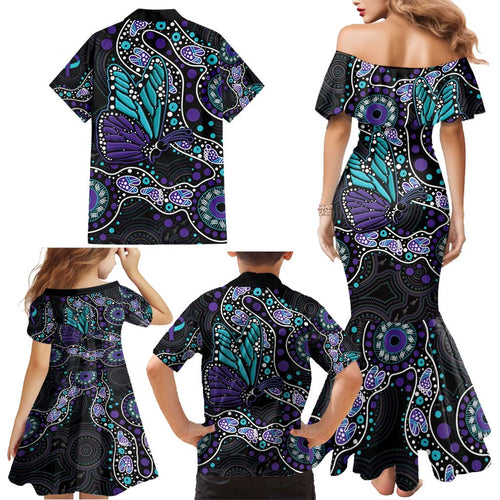 Australia Indigenous Family Matching Mermaid Dress and Hawaiian Shirt Teal & Purple Ribbon Butterfly Aboriginal Arts