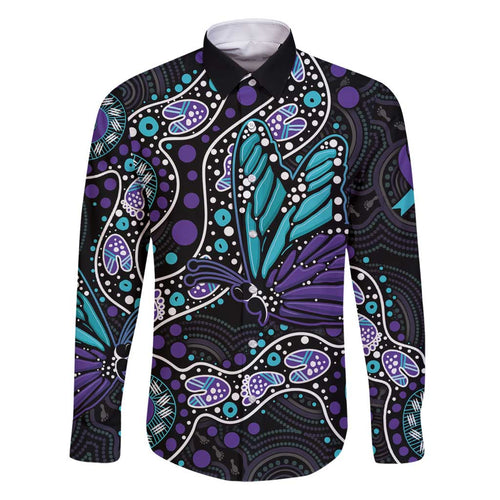 Australia Indigenous Family Matching Mermaid Dress and Hawaiian Shirt Teal & Purple Ribbon Butterfly Aboriginal Arts