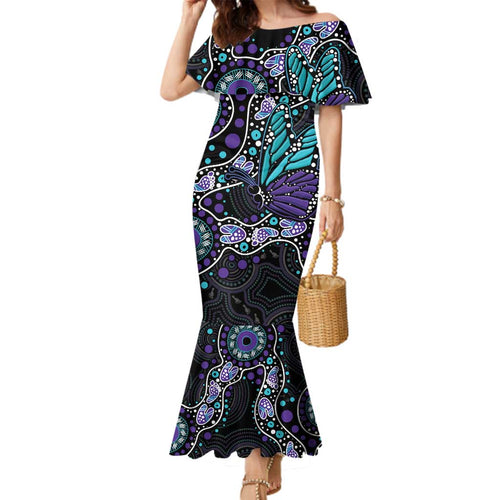 Australia Indigenous Family Matching Mermaid Dress and Hawaiian Shirt Teal & Purple Ribbon Butterfly Aboriginal Arts