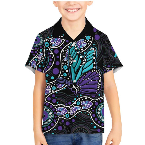 Australia Indigenous Family Matching Mermaid Dress and Hawaiian Shirt Teal & Purple Ribbon Butterfly Aboriginal Arts