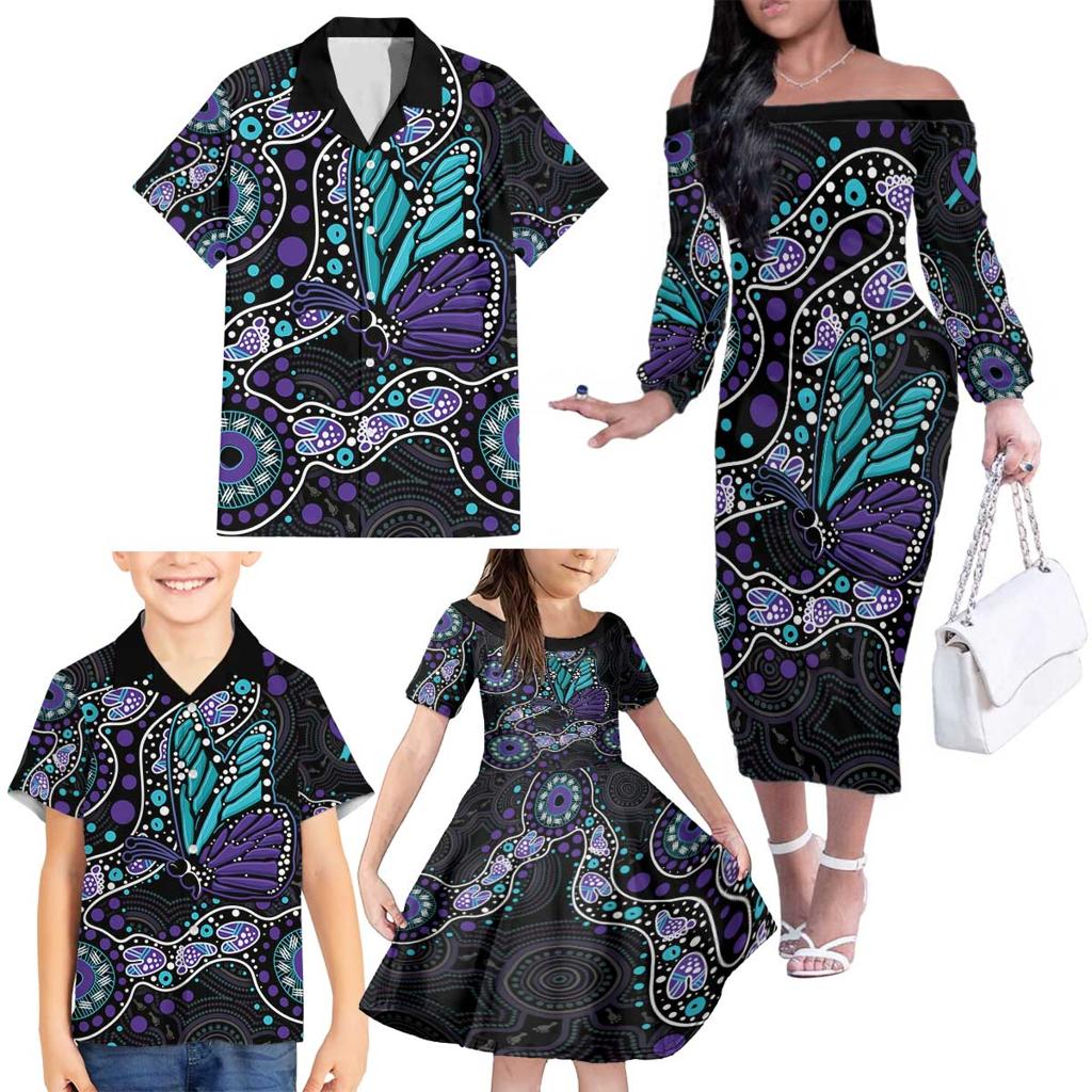 Australia Indigenous Family Matching Off The Shoulder Long Sleeve Dress and Hawaiian Shirt Teal & Purple Ribbon Butterfly Aboriginal Arts