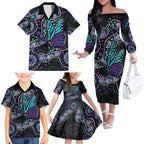 Australia Indigenous Family Matching Off The Shoulder Long Sleeve Dress and Hawaiian Shirt Teal & Purple Ribbon Butterfly Aboriginal Arts