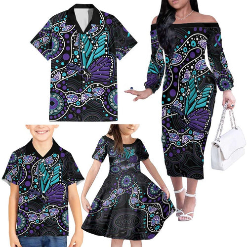 Australia Indigenous Family Matching Off The Shoulder Long Sleeve Dress and Hawaiian Shirt Teal & Purple Ribbon Butterfly Aboriginal Arts