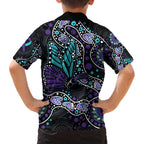 Australia Indigenous Family Matching Off The Shoulder Long Sleeve Dress and Hawaiian Shirt Teal & Purple Ribbon Butterfly Aboriginal Arts