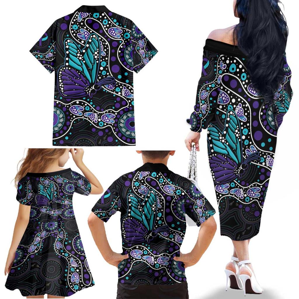 Australia Indigenous Family Matching Off The Shoulder Long Sleeve Dress and Hawaiian Shirt Teal & Purple Ribbon Butterfly Aboriginal Arts