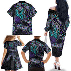 Australia Indigenous Family Matching Off The Shoulder Long Sleeve Dress and Hawaiian Shirt Teal & Purple Ribbon Butterfly Aboriginal Arts