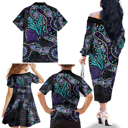 Australia Indigenous Family Matching Off The Shoulder Long Sleeve Dress and Hawaiian Shirt Teal & Purple Ribbon Butterfly Aboriginal Arts