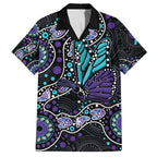 Australia Indigenous Family Matching Off The Shoulder Long Sleeve Dress and Hawaiian Shirt Teal & Purple Ribbon Butterfly Aboriginal Arts