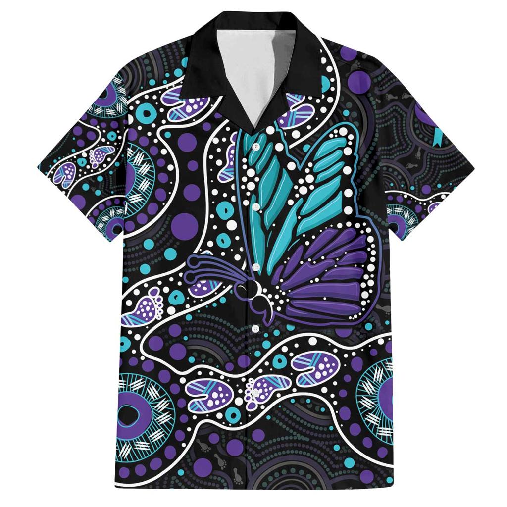 Australia Indigenous Family Matching Off The Shoulder Long Sleeve Dress and Hawaiian Shirt Teal & Purple Ribbon Butterfly Aboriginal Arts