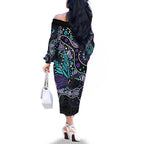 Australia Indigenous Family Matching Off The Shoulder Long Sleeve Dress and Hawaiian Shirt Teal & Purple Ribbon Butterfly Aboriginal Arts