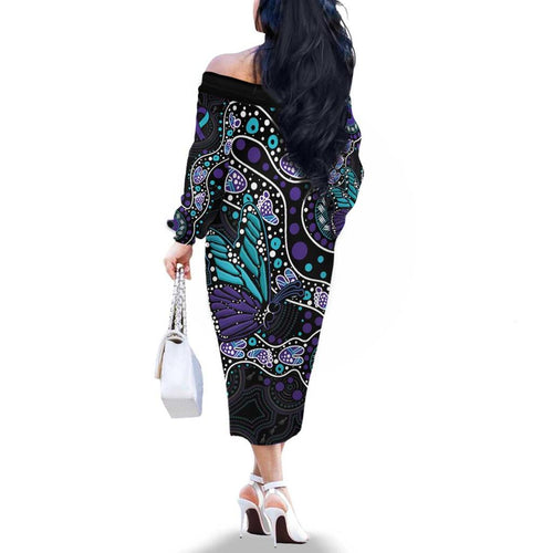 Australia Indigenous Family Matching Off The Shoulder Long Sleeve Dress and Hawaiian Shirt Teal & Purple Ribbon Butterfly Aboriginal Arts