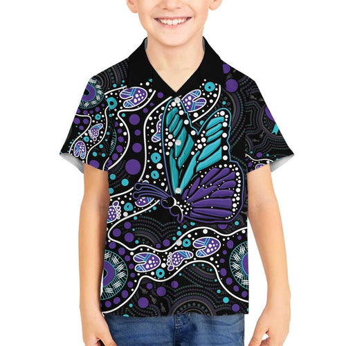 Australia Indigenous Family Matching Off The Shoulder Long Sleeve Dress and Hawaiian Shirt Teal & Purple Ribbon Butterfly Aboriginal Arts