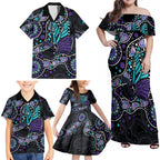 Australia Indigenous Family Matching Off Shoulder Maxi Dress and Hawaiian Shirt Teal & Purple Ribbon Butterfly Aboriginal Arts