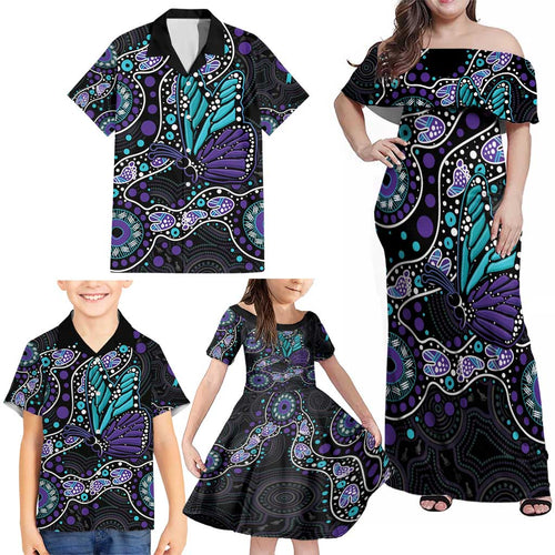 Australia Indigenous Family Matching Off Shoulder Maxi Dress and Hawaiian Shirt Teal & Purple Ribbon Butterfly Aboriginal Arts