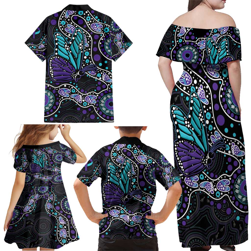 Australia Indigenous Family Matching Off Shoulder Maxi Dress and Hawaiian Shirt Teal & Purple Ribbon Butterfly Aboriginal Arts