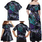 Australia Indigenous Family Matching Off Shoulder Maxi Dress and Hawaiian Shirt Teal & Purple Ribbon Butterfly Aboriginal Arts