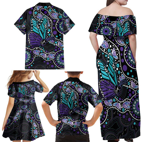 Australia Indigenous Family Matching Off Shoulder Maxi Dress and Hawaiian Shirt Teal & Purple Ribbon Butterfly Aboriginal Arts