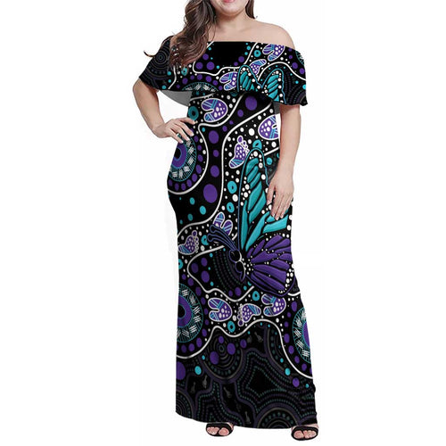Australia Indigenous Family Matching Off Shoulder Maxi Dress and Hawaiian Shirt Teal & Purple Ribbon Butterfly Aboriginal Arts