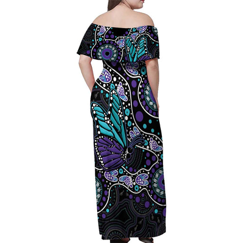 Australia Indigenous Family Matching Off Shoulder Maxi Dress and Hawaiian Shirt Teal & Purple Ribbon Butterfly Aboriginal Arts