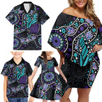 Australia Indigenous Family Matching Off Shoulder Short Dress and Hawaiian Shirt Teal & Purple Ribbon Butterfly Aboriginal Arts