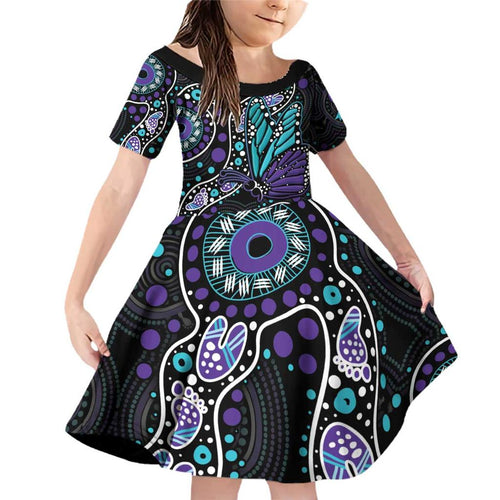 Australia Indigenous Family Matching Off Shoulder Short Dress and Hawaiian Shirt Teal & Purple Ribbon Butterfly Aboriginal Arts