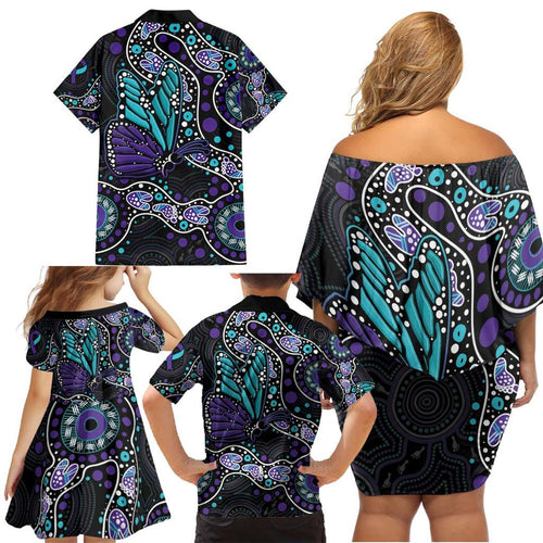 Australia Indigenous Family Matching Off Shoulder Short Dress and Hawaiian Shirt Teal & Purple Ribbon Butterfly Aboriginal Arts