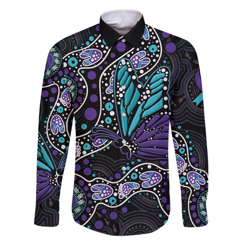 Australia Indigenous Family Matching Off Shoulder Short Dress and Hawaiian Shirt Teal & Purple Ribbon Butterfly Aboriginal Arts