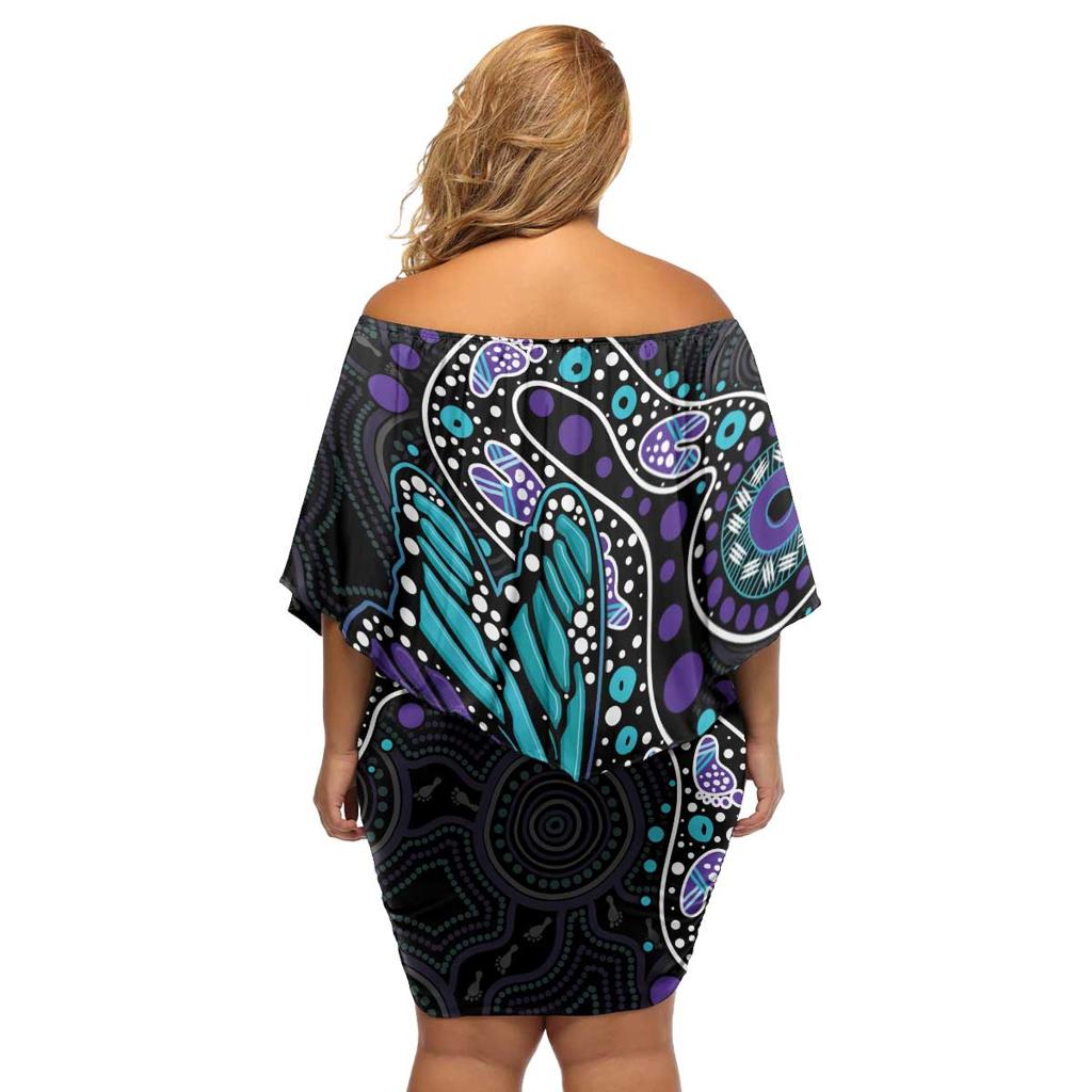 Australia Indigenous Family Matching Off Shoulder Short Dress and Hawaiian Shirt Teal & Purple Ribbon Butterfly Aboriginal Arts