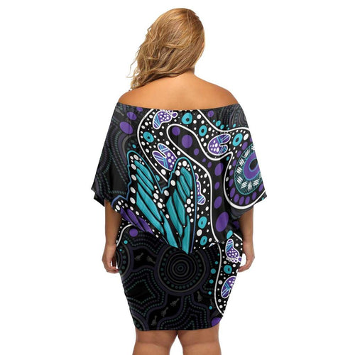 Australia Indigenous Family Matching Off Shoulder Short Dress and Hawaiian Shirt Teal & Purple Ribbon Butterfly Aboriginal Arts