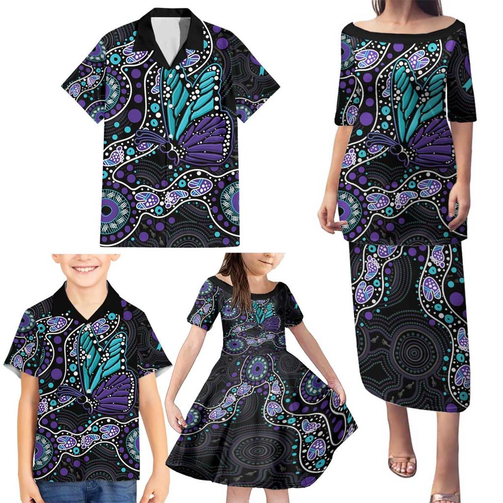 Australia Indigenous Family Matching Puletasi and Hawaiian Shirt Teal & Purple Ribbon Butterfly Aboriginal Arts