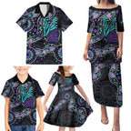 Australia Indigenous Family Matching Puletasi and Hawaiian Shirt Teal & Purple Ribbon Butterfly Aboriginal Arts
