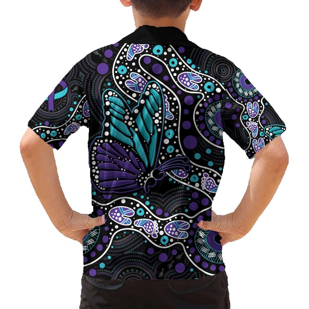 Australia Indigenous Family Matching Puletasi and Hawaiian Shirt Teal & Purple Ribbon Butterfly Aboriginal Arts