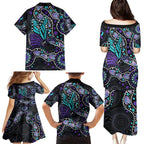Australia Indigenous Family Matching Puletasi and Hawaiian Shirt Teal & Purple Ribbon Butterfly Aboriginal Arts