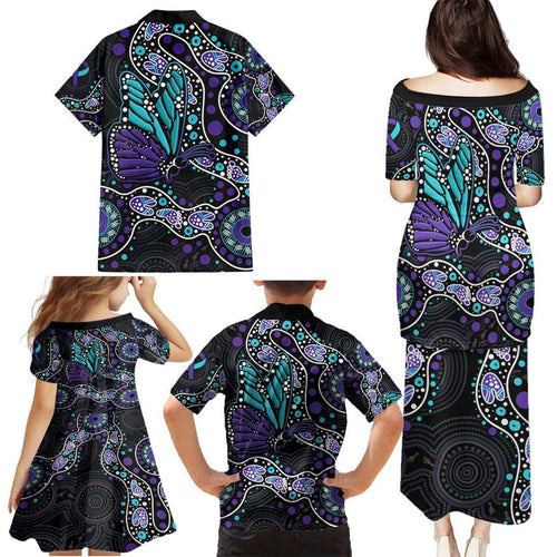 Australia Indigenous Family Matching Puletasi and Hawaiian Shirt Teal & Purple Ribbon Butterfly Aboriginal Arts